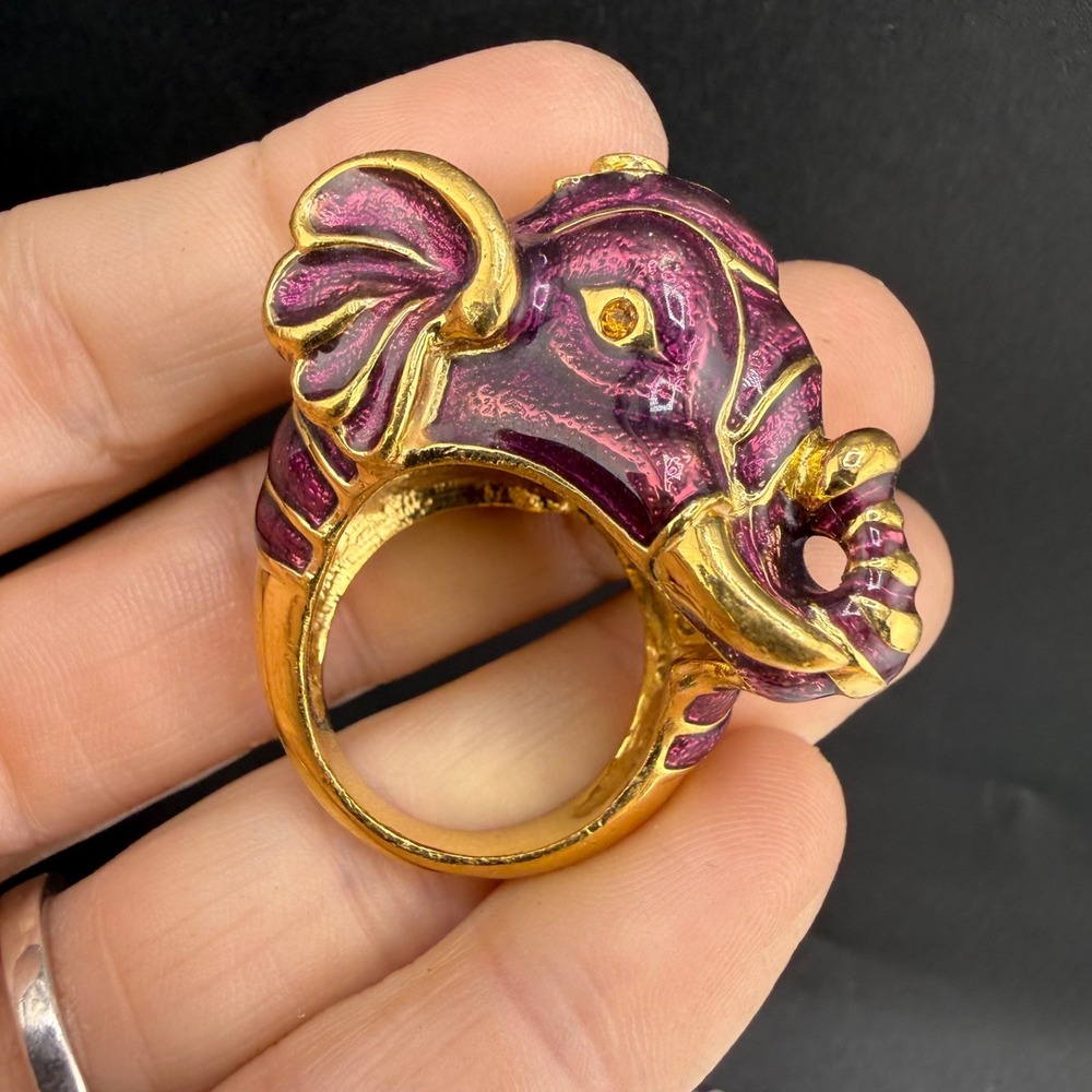 KJL Enamel Elephant Ring Statement Gold Tone Purple Size 9